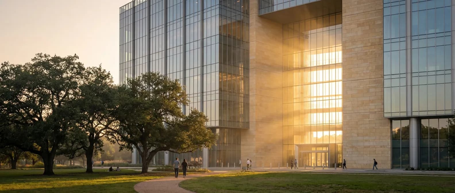 Bâtiment architectural moderne et prestigieux de la Caisse d'Épargne au coucher du soleil