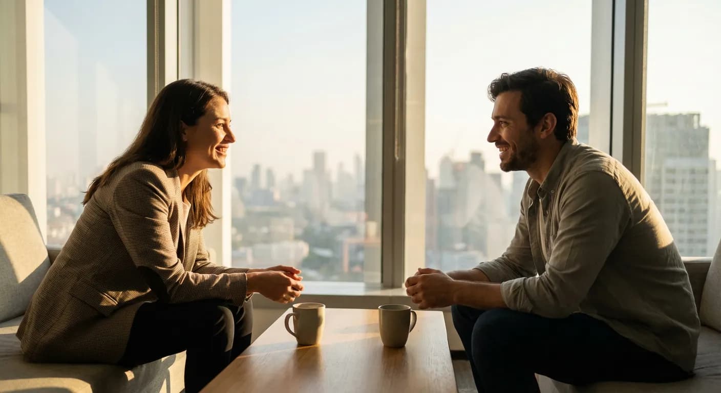 Conseiller bancaire en discussion avec un client dans un bureau haut de gamme et lumineux.