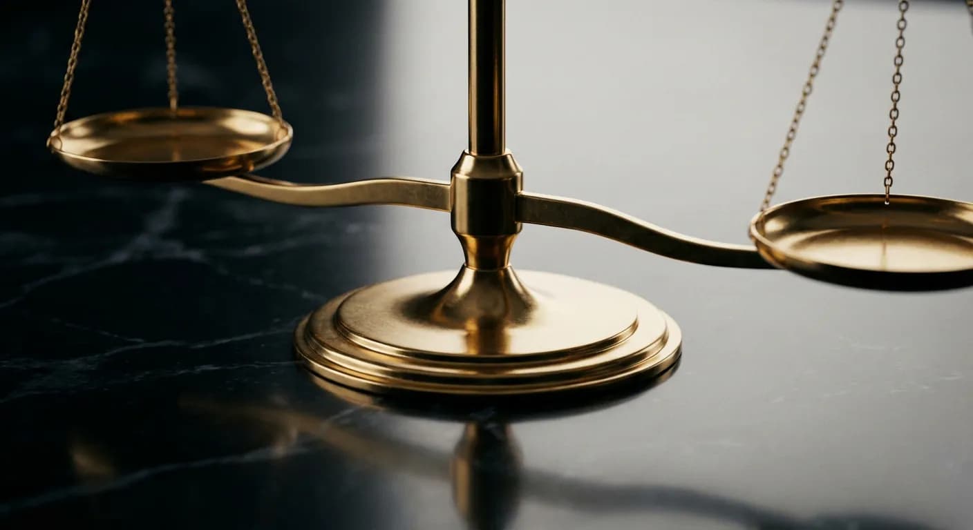 Balance de précision dorée sur fond sombre, icône de l'équilibre financier