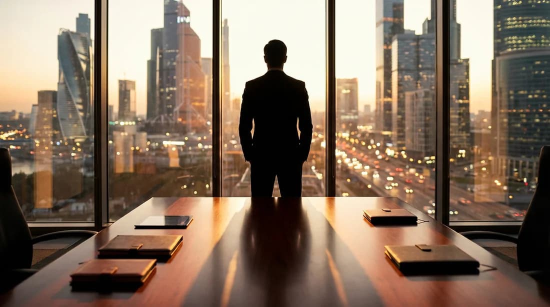 Un entrepreneur visionnaire observant une métropole moderne au coucher du soleil depuis son bureau.