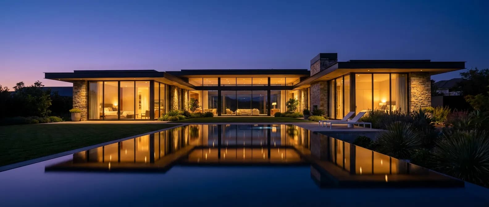 Vue cinématographique d'une résidence de luxe moderne illustrant l'investissement en SCI