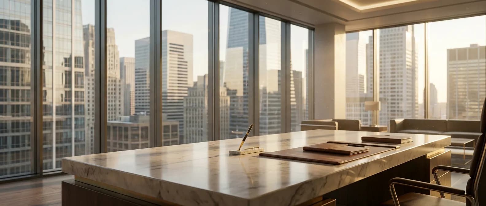 Vue panoramique d'un bureau de gestion de patrimoine luxueux surplombant un quartier financier.