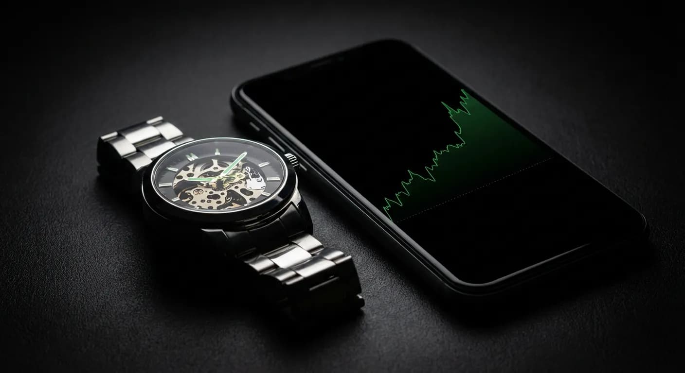 Gros plan minimaliste sur une montre et un graphique boursier pour illustrer le trading au jour le jour