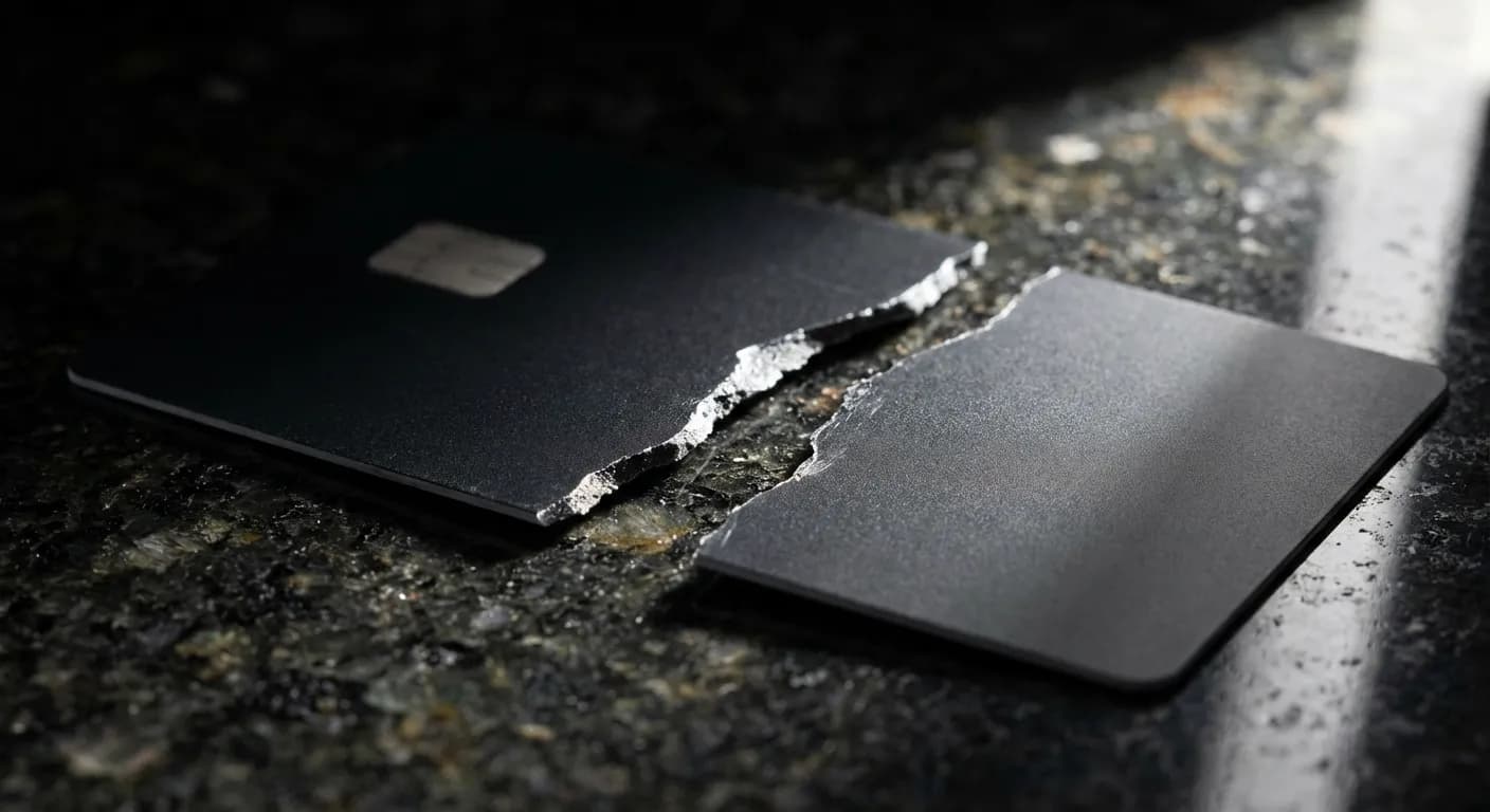 Une carte bancaire noire brisée en gros plan