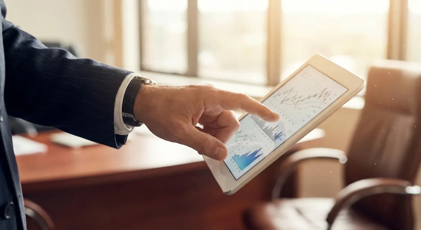 Détail d'un expert analysant les soldes intermédiaires de gestion sur une tablette numérique.