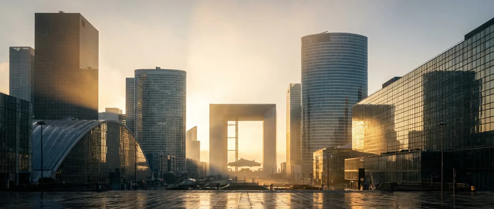Vue panoramique des tours de la Société Générale à la Défense pour illustrer l'assurance vie