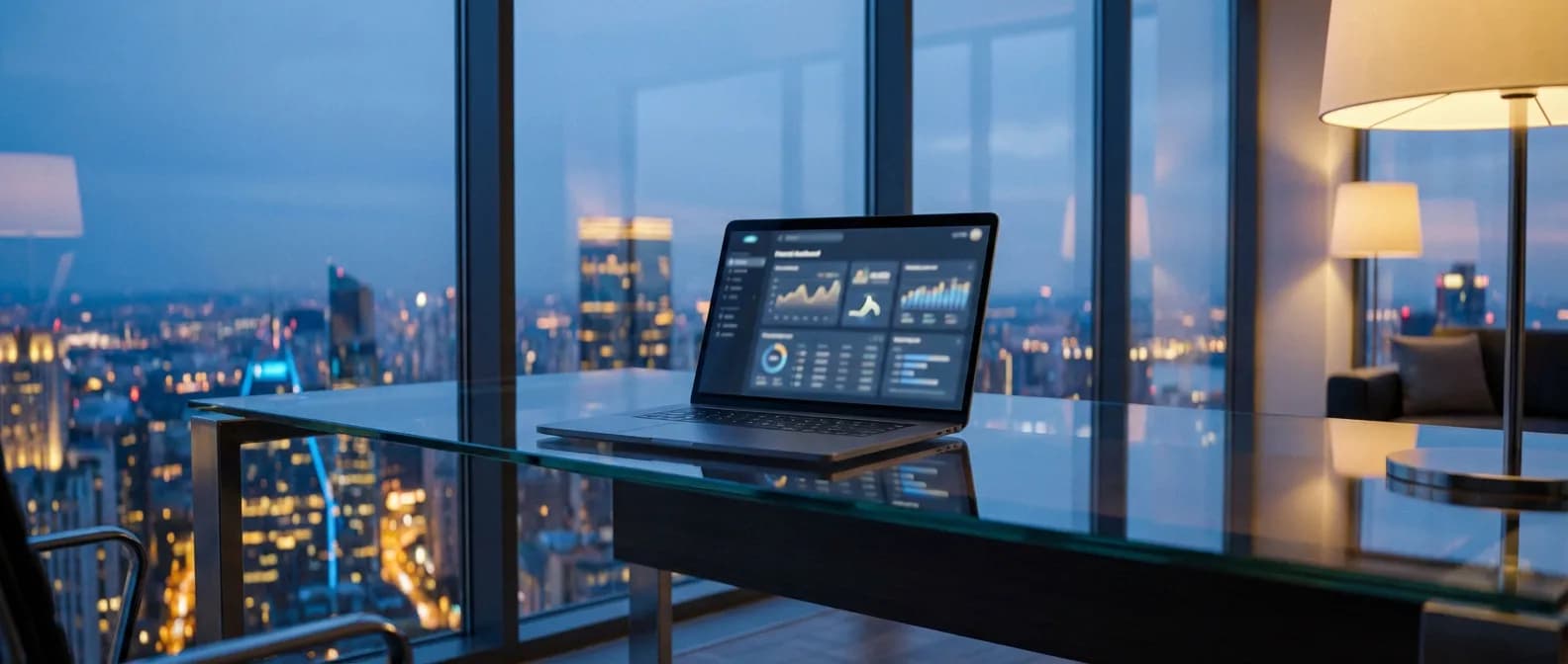 Bureau de direction moderne surplombant une métropole au crépuscule, symbolisant la vision stratégique et l'analyse financière.