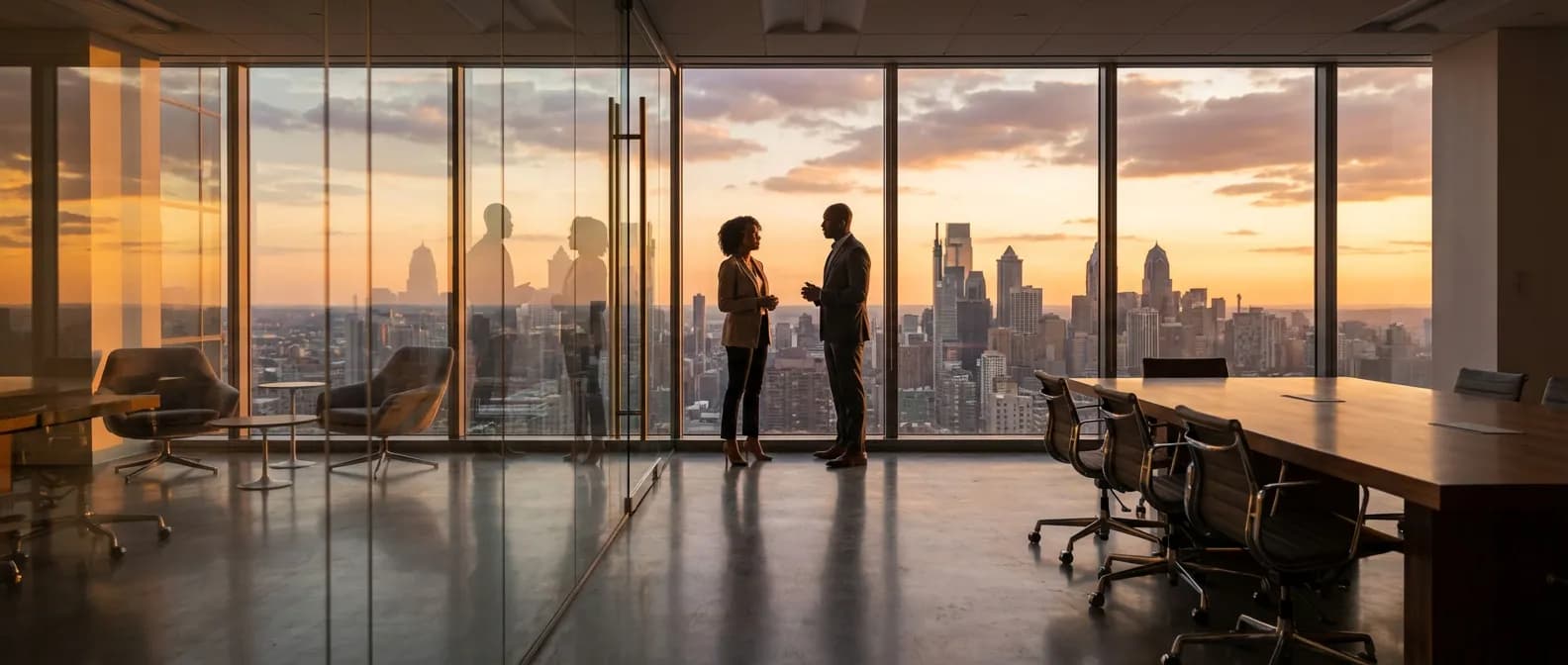 Deux entrepreneurs visionnaires discutant de leur projet devant une vue panoramique de la ville au coucher du soleil.