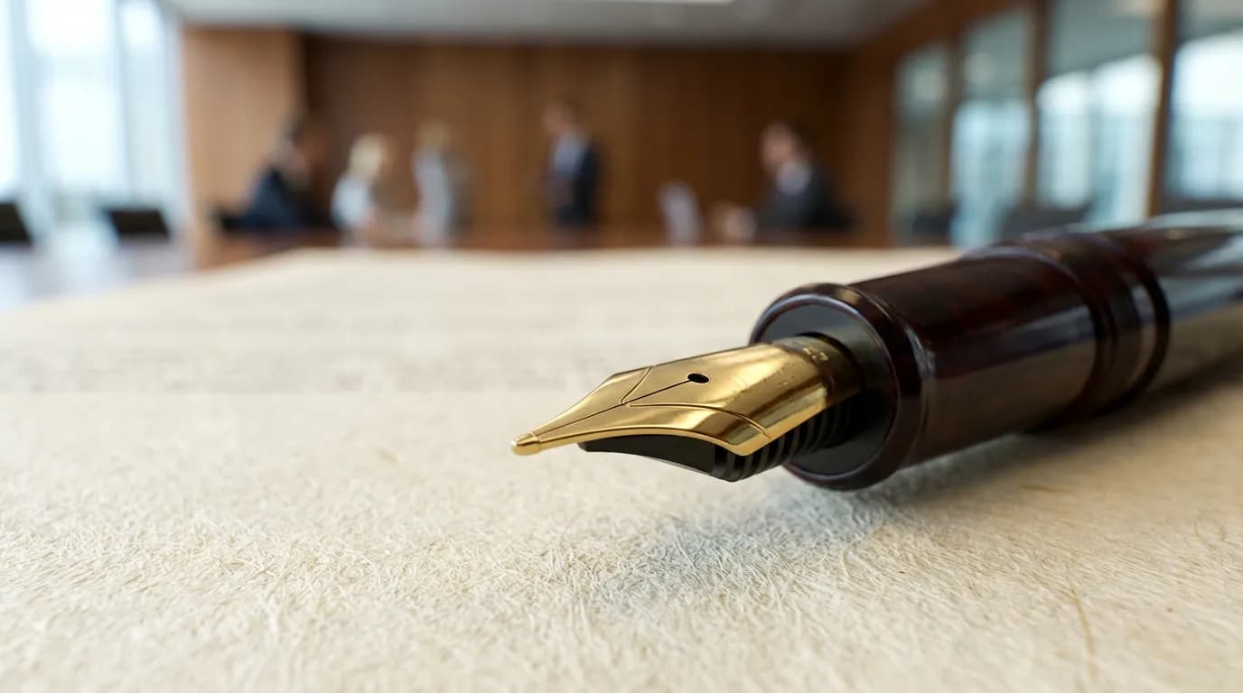 Gros plan d'un stylo de luxe sur des documents comptables, illustrant l'analyse stratégique