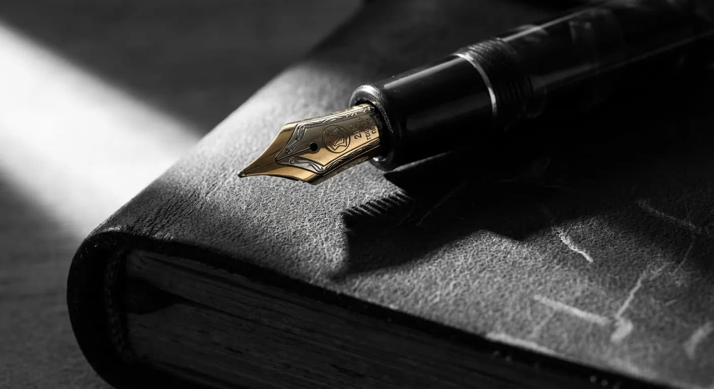 Plume de luxe sur un registre de comptes, symbole de gestion de patrimoine