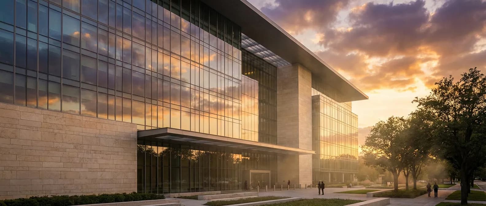 Vue architecturale prestigieuse d'une banque moderne pour le PEA Crédit Mutuel