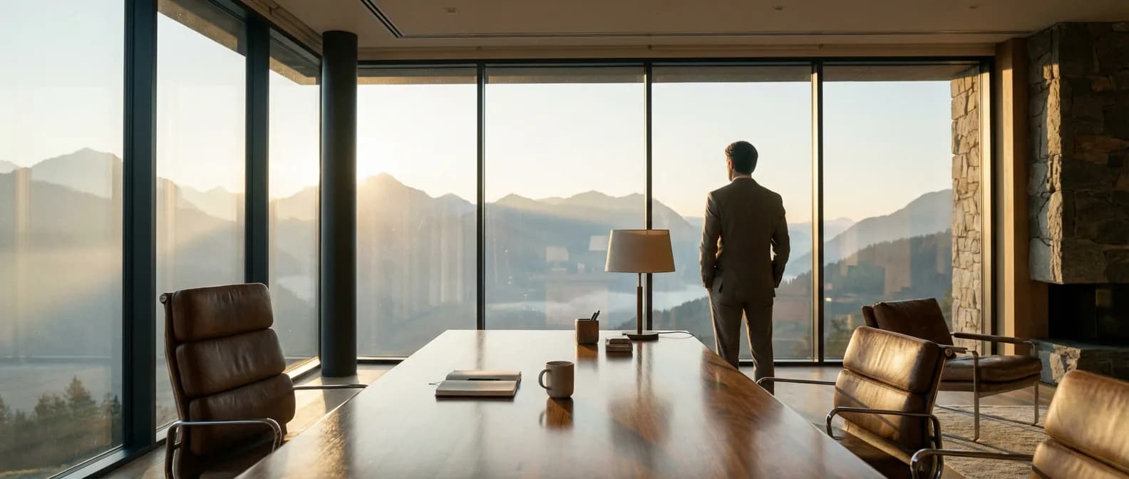 Bureau moderne luxueux avec vue sur la montagne symbolisant l'équilibre entre travail et sérénité