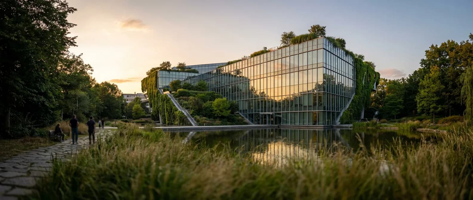 Façade moderne d'une banque mutualiste avec jardins suspendus sous une lumière dorée, symbolisant la stabilité du Crédit Agricole.