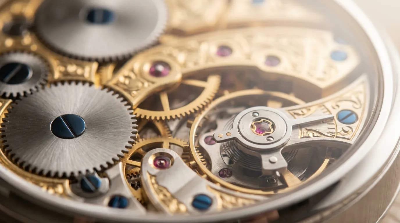 Détail d'un mécanisme horloger de précision illustrant la gestion de l'assurance vie