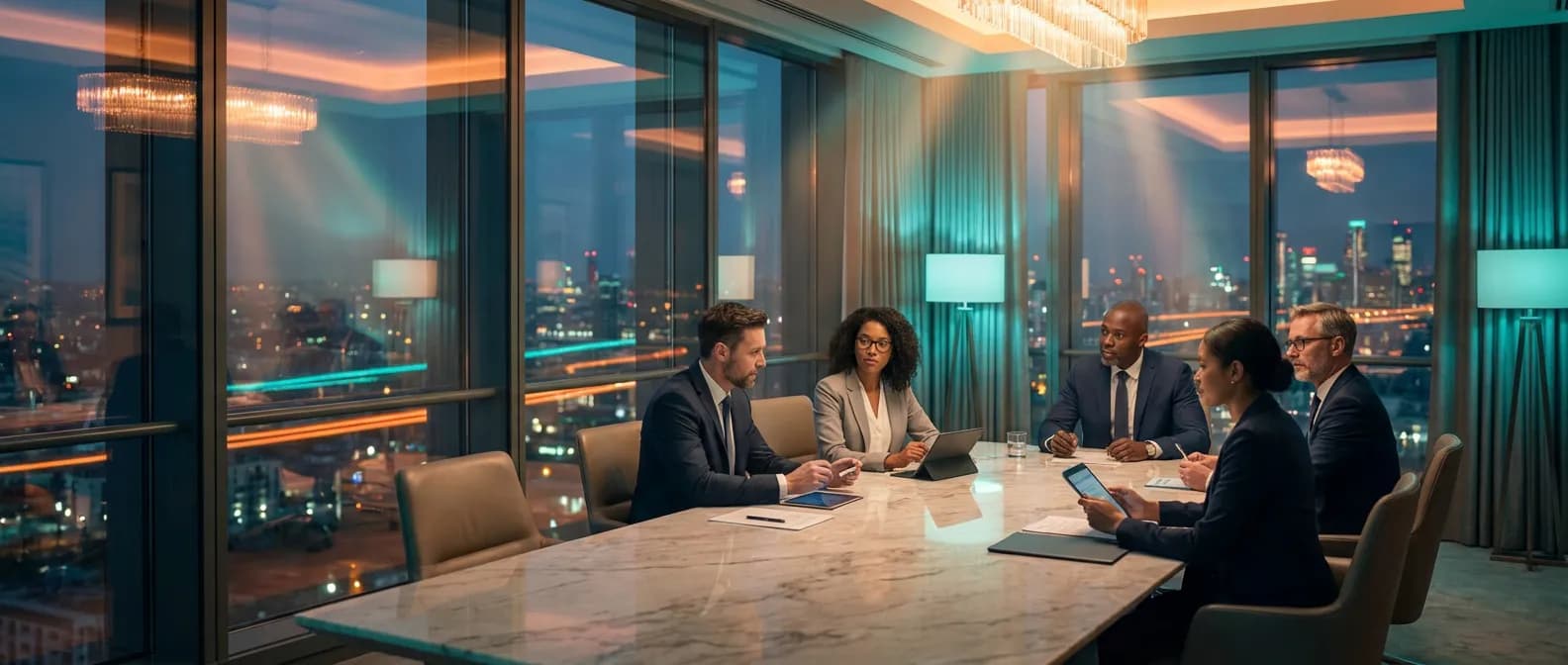 Vue panoramique d'un club d'investissement privé luxueux au sommet d'un gratte-ciel