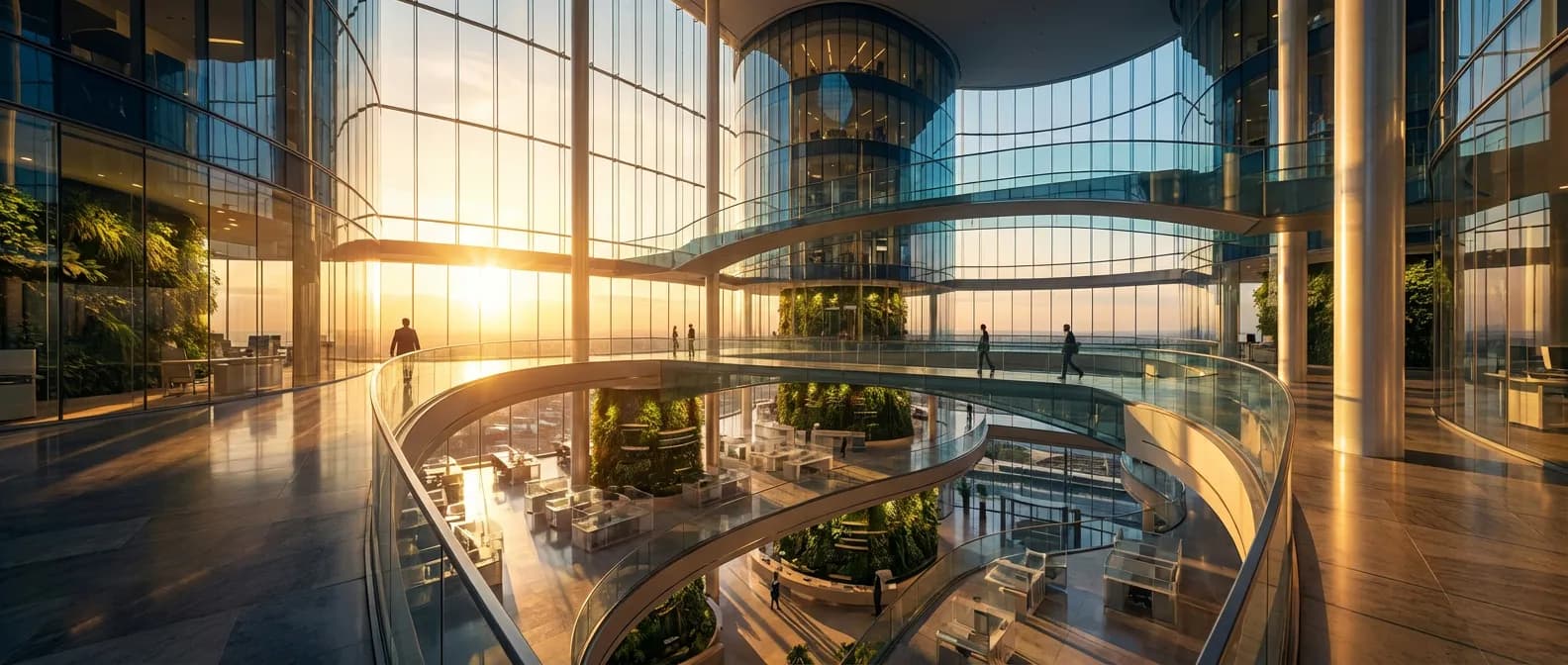 Vue intérieure majestueuse d'un centre financier moderne au lever du soleil pour illustrer le PEA Boursorama.