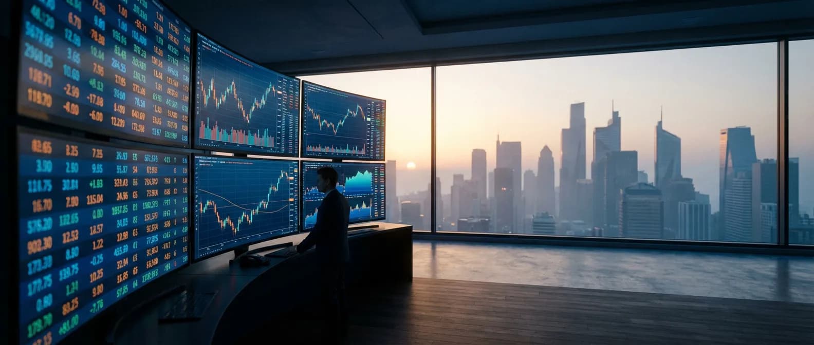 Bureau de trading intraday moderne avec vue sur la ville au lever du soleil, style professionnel et cinématographique