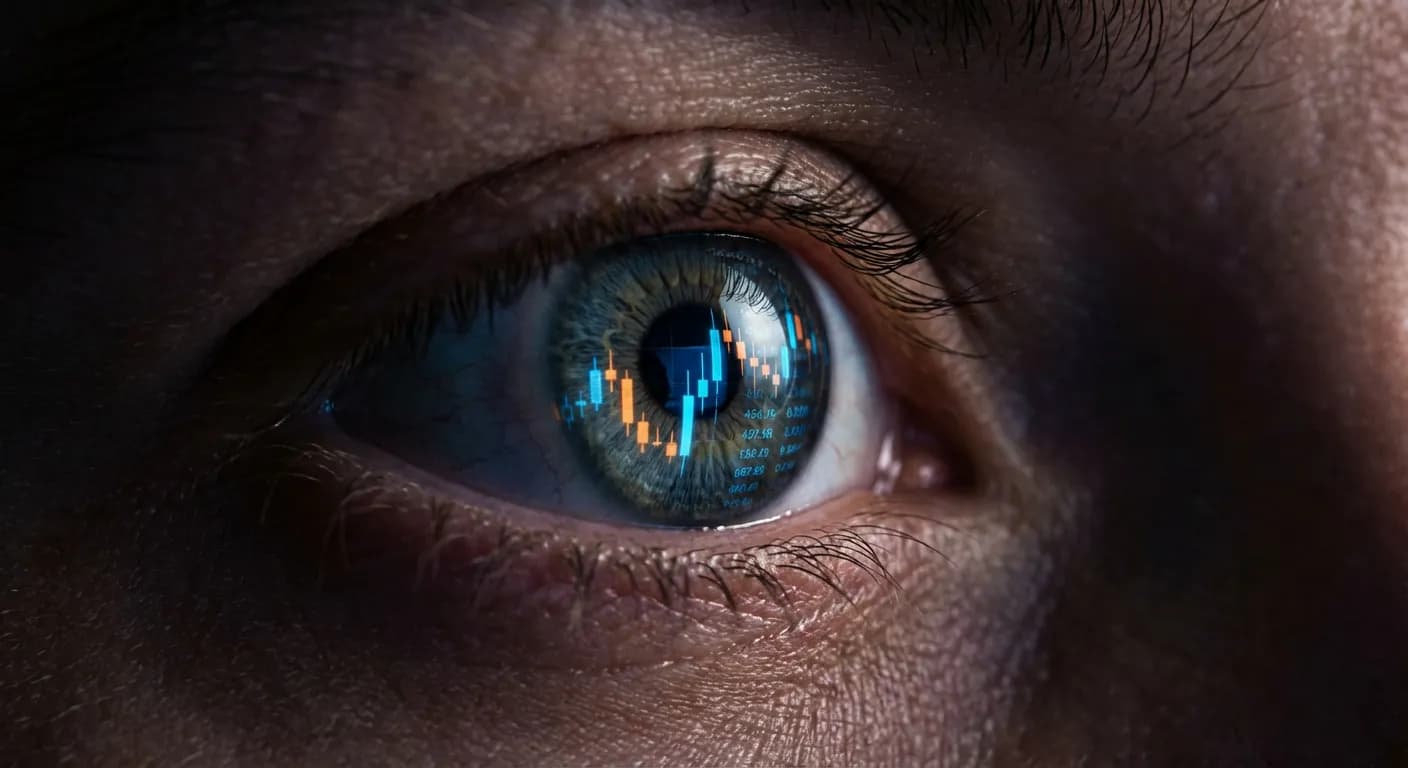 Regard intense d'un trader reflétant des graphiques boursiers, illustrant la psychologie du trading