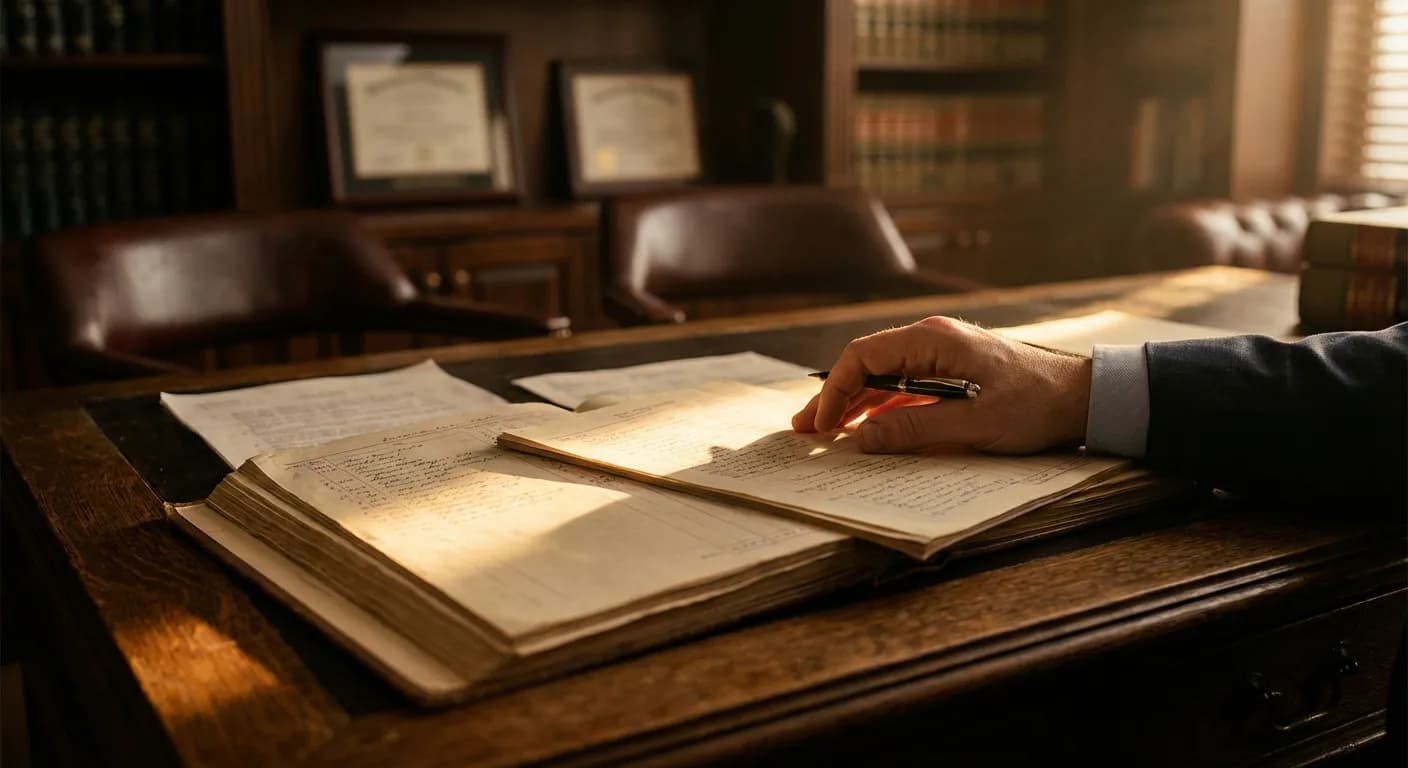 Bilan financier et indemnités de licenciement représentés par des documents comptables sur un bureau en bois.