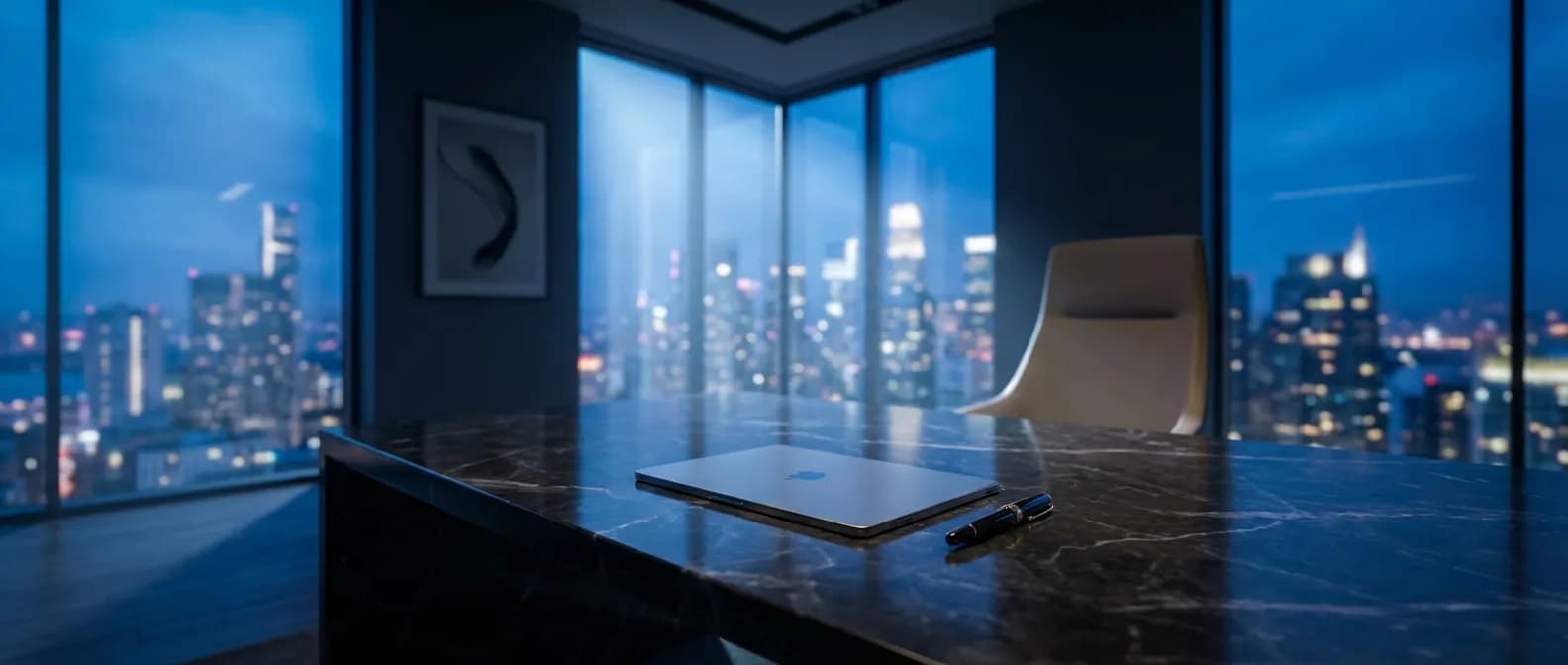 Bureau de direction luxueux avec vue sur la ville représentant la vision stratégique et la santé financière d'une entreprise.