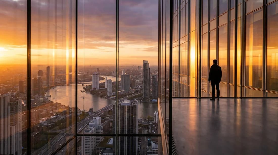 Un entrepreneur visionnaire contemplant une métropole moderne au lever du soleil depuis un bureau luxueux