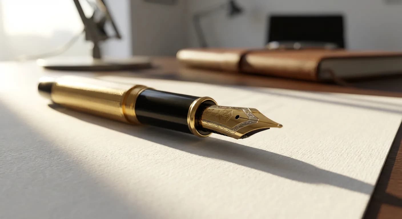 Gros plan d'un stylo plume de luxe sur un document financier, symbole de la précision comptable.