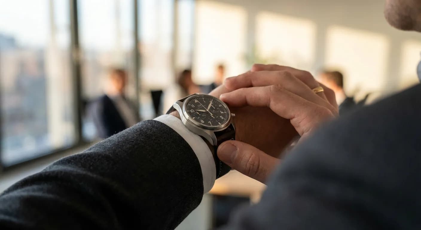 Professionnel vérifiant l'heure, évoquant le respect des échéances fiscales et du calendrier de transmission.