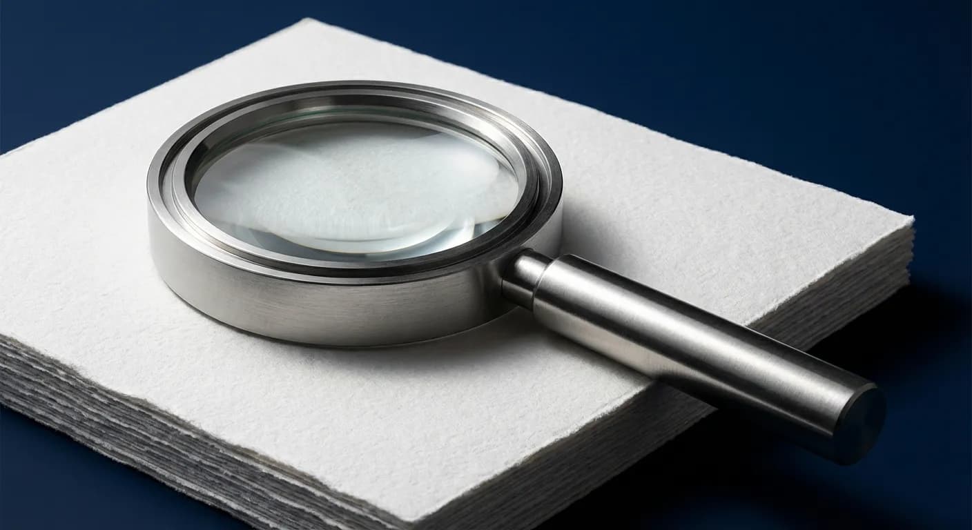 Une loupe posée sur un papier texturé, symbolisant l'analyse précise d'un bilan comptable.