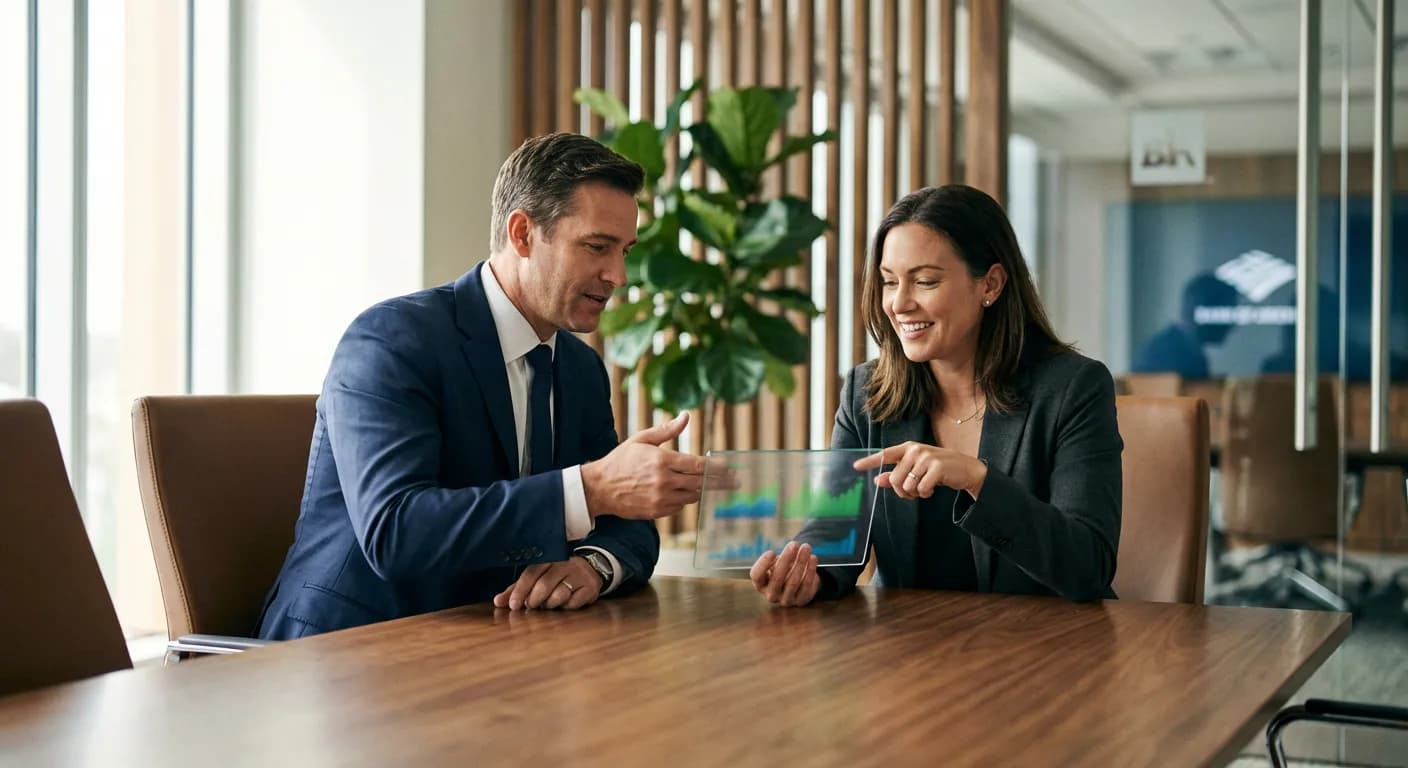 Conseiller bancaire présentant les meilleures options de banques pour un prêt