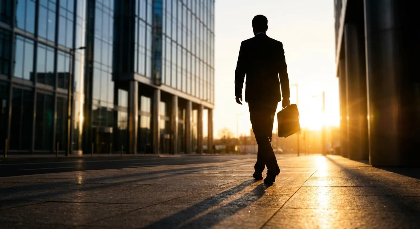 Un entrepreneur s'éloignant d'un gratte-ciel bancaire vers un nouvel horizon