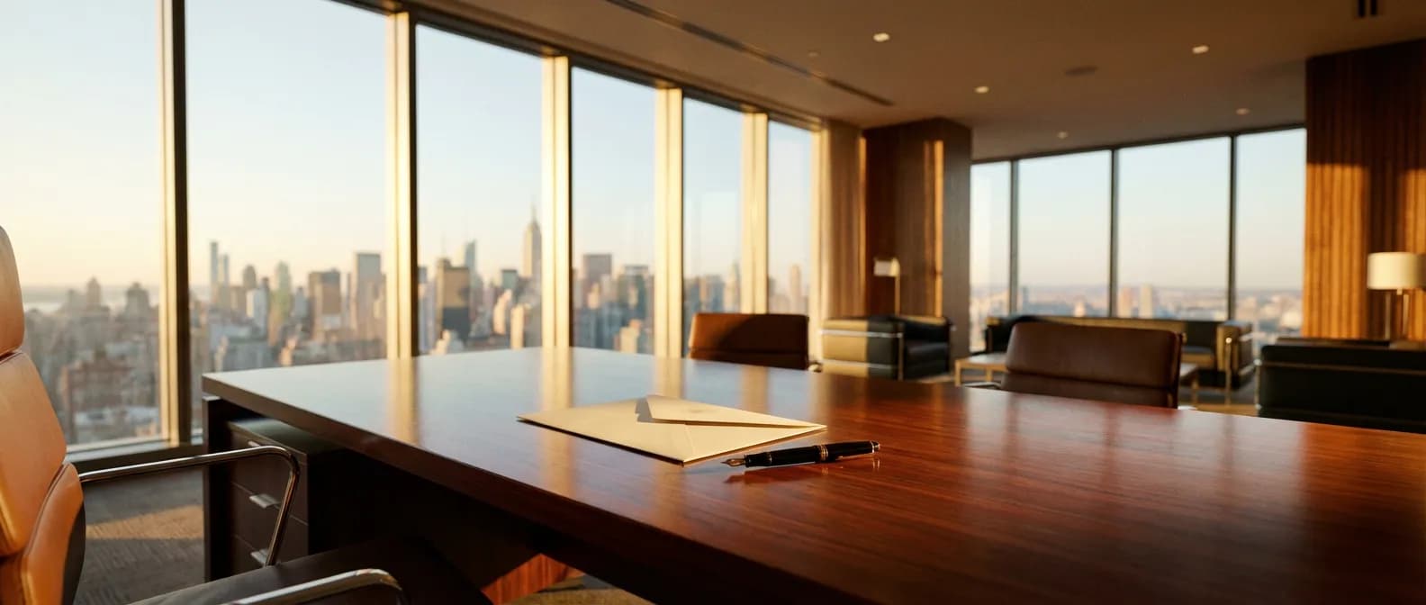 Bureau de direction luxueux avec une enveloppe de solde de tout compte et un stylo plume, éclairage cinématique au coucher du soleil