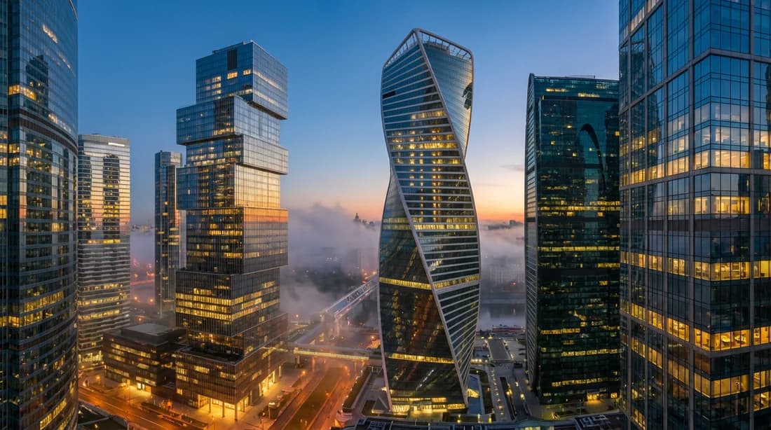 Vue cinématique d'un quartier financier moderne avec des gratte-ciel en verre au crépuscule