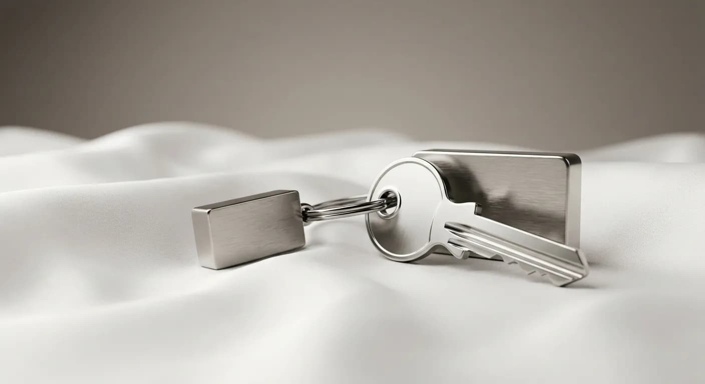 Clé de maison moderne sur fond blanc minimaliste, symbole de l'accès au crédit immobilier