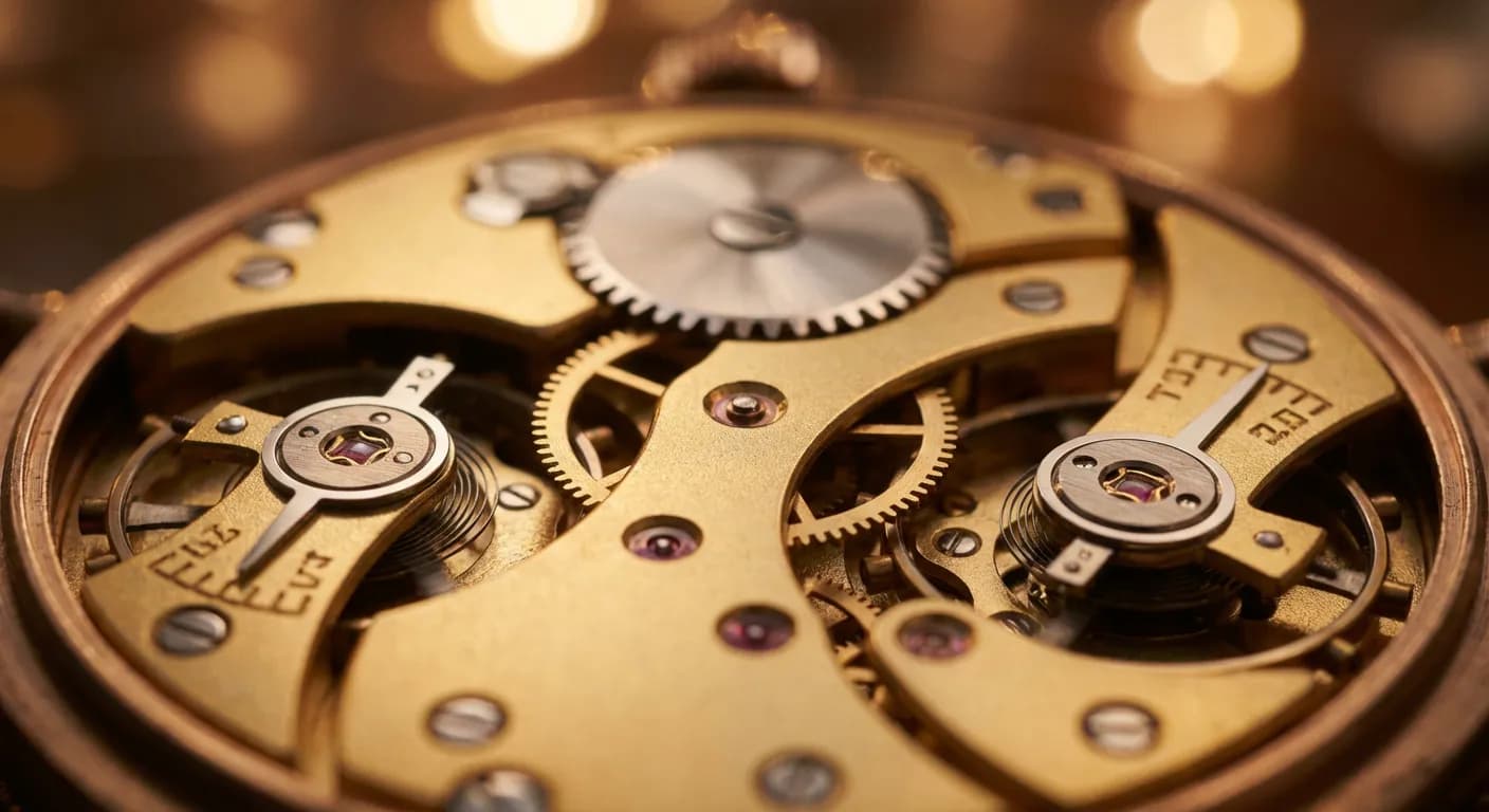Gros plan sur des engrenages d'horlogerie de luxe, illustrant la précision de l'automatisation financière