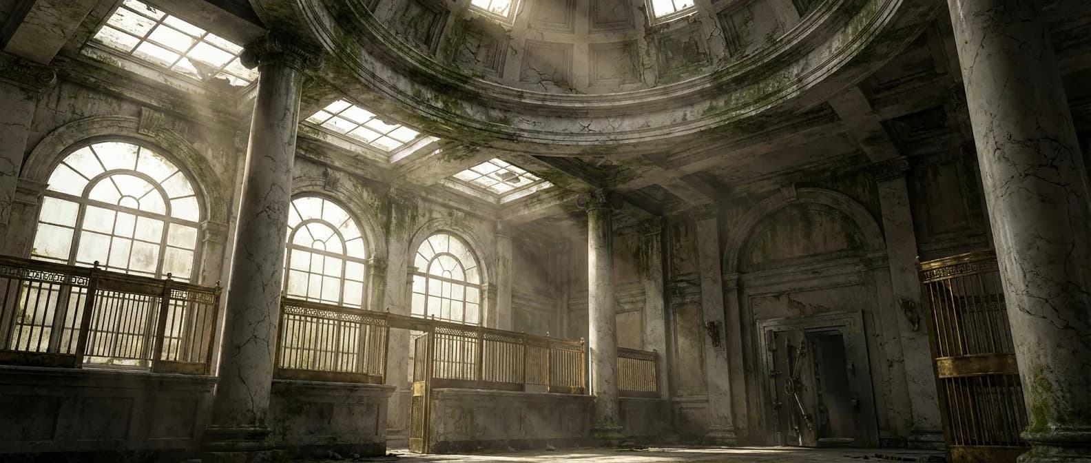 Un hall de banque majestueux en déclin avec des jeux de lumière dramatiques