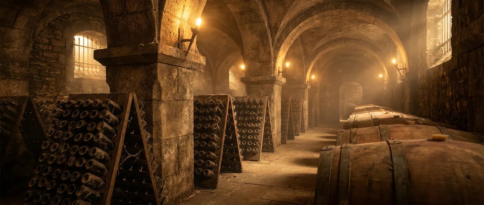 Cave à vin prestigieuse avec fûts de chêne et bouteilles de collection pour investissement