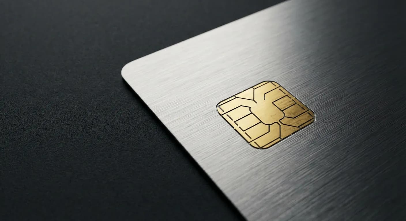 Gros plan iconique sur la puce d'une carte de débit bancaire.