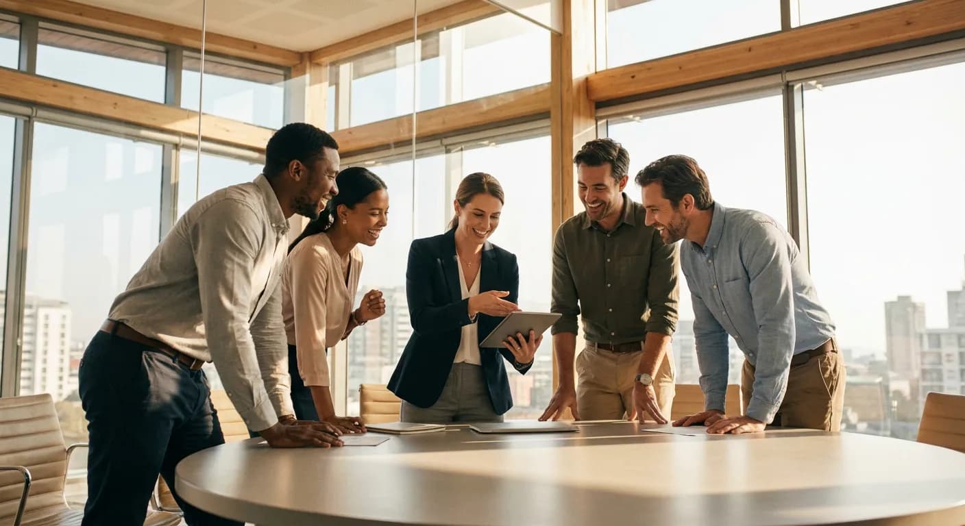 Équipe de direction collaborant dans un environnement de travail sain et lumineux