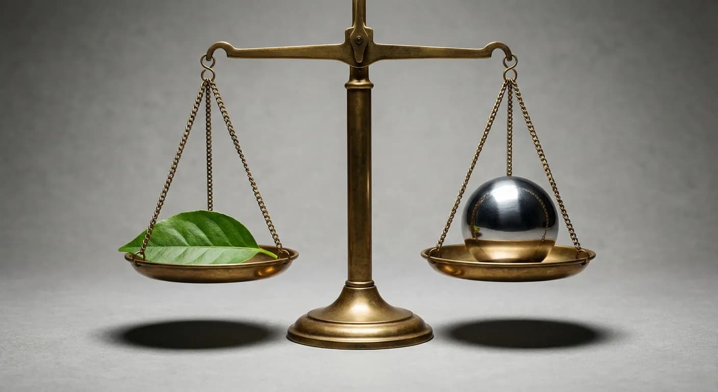 Management des charges : Le levier de performance durable Gros plan d'une balance minimaliste équilibrant nature et industrie