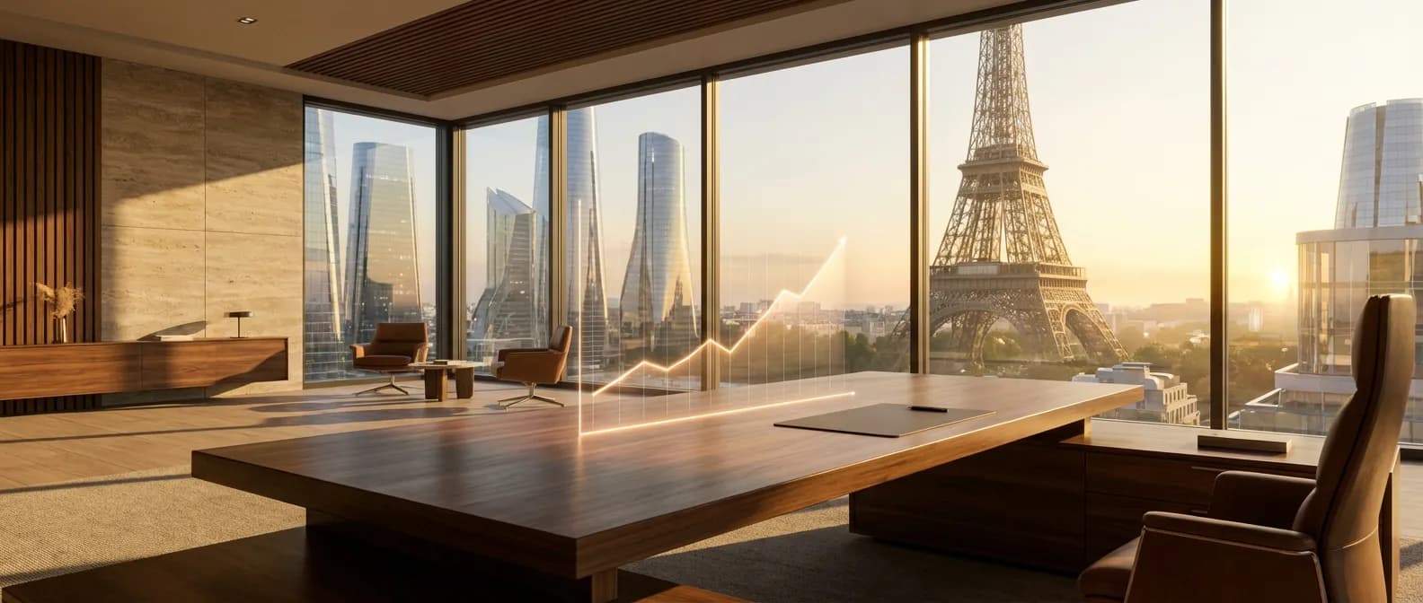 Investissement Bitcoin Long Terme avec Stackinsat Bureau de luxe au lever du soleil symbolisant la croissance d'un plan d'épargne Bitcoin avec Stackinsat.