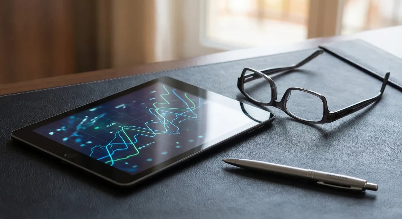 Analyse stratégique du runway financier Analyse détaillée de graphiques financiers sur une tablette numérique par un investisseur.