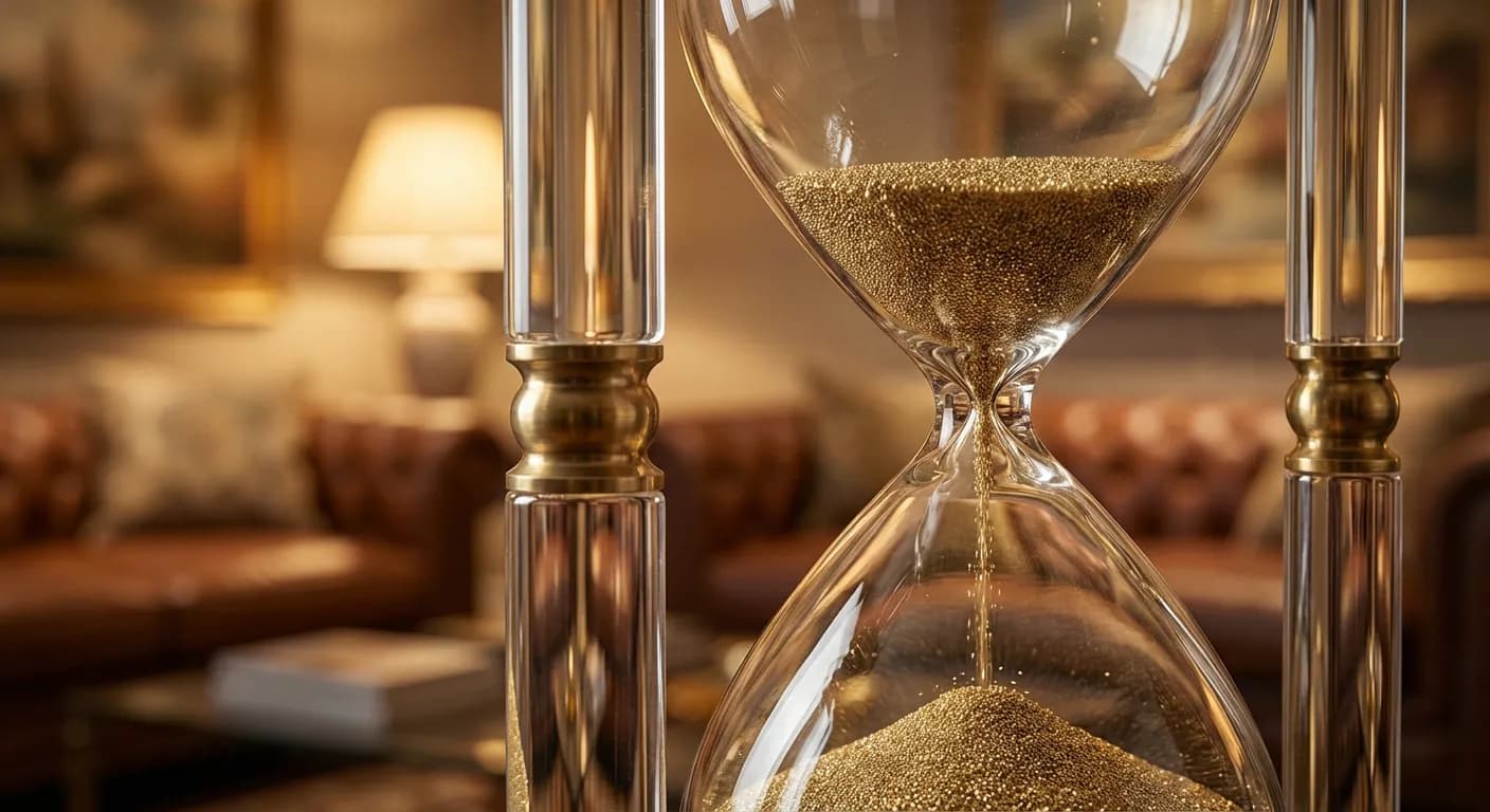 La stratégie DCA de Stackinsat Sablier design avec sable doré illustrant la régularité de l'investissement DCA sur Stackinsat.