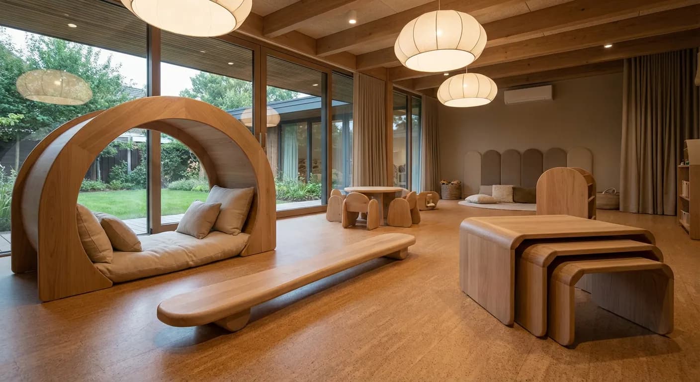 Local et normes de sécurité pour une crèche Détail d'un aménagement de crèche respectant les normes de sécurité avec des matériaux durables.