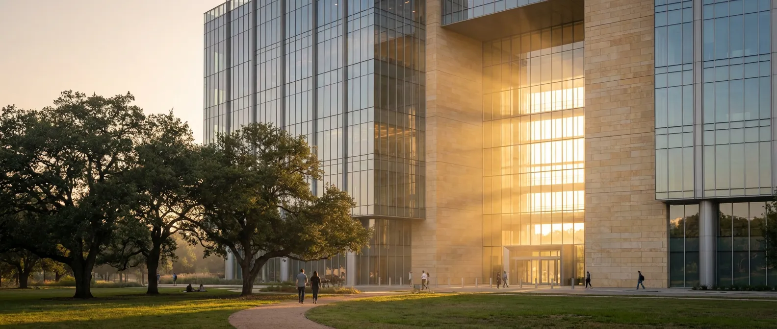 Bâtiment architectural moderne et prestigieux de la Caisse d'Épargne au coucher du soleil