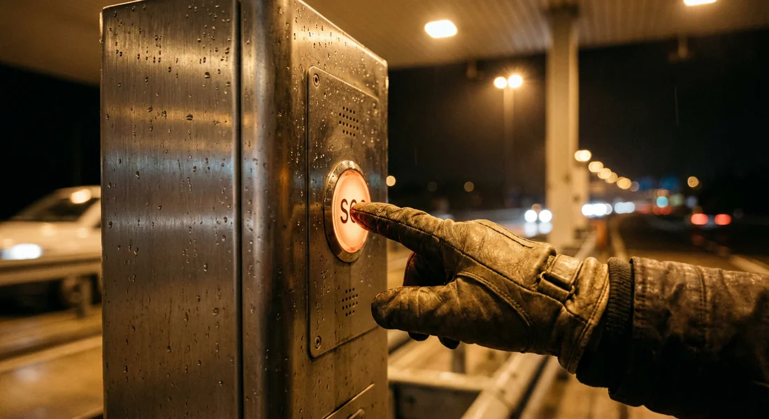Appui sur le bouton d'assistance d'une borne de péage d'autoroute.