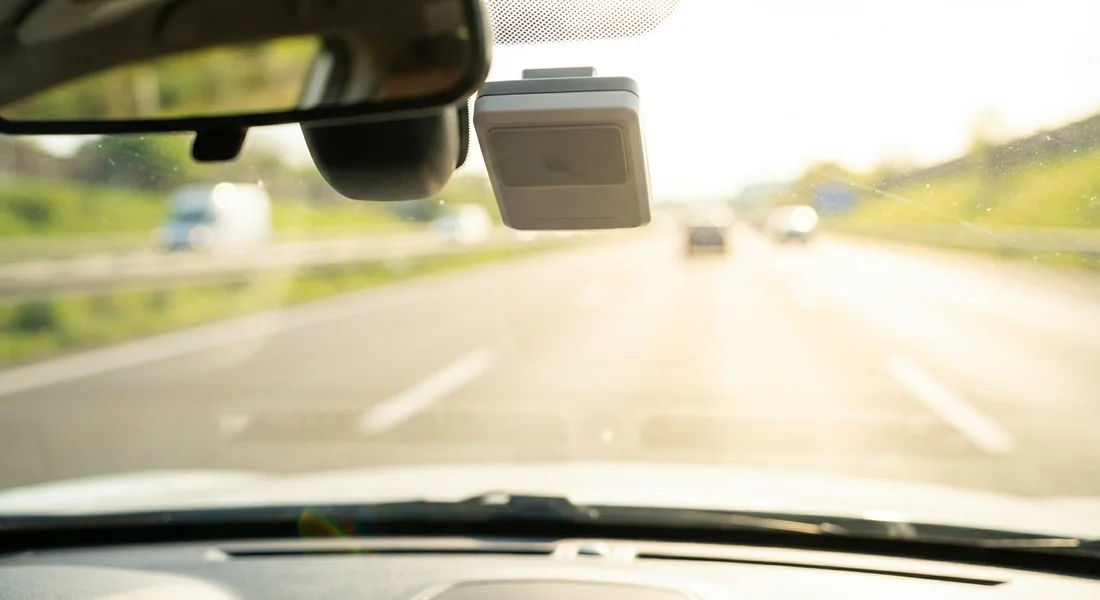Badge de télépéage fixé sur le pare-brise d'une voiture.