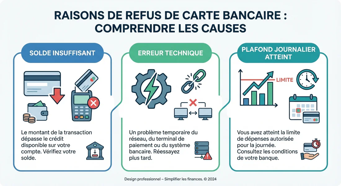 Infographie montrant les raisons courantes d'un refus de carte au péage.