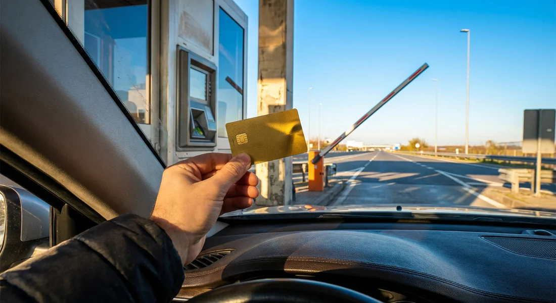 Main tenant une carte bancaire Gold devant une barrière de péage ouverte sous un ciel bleu.