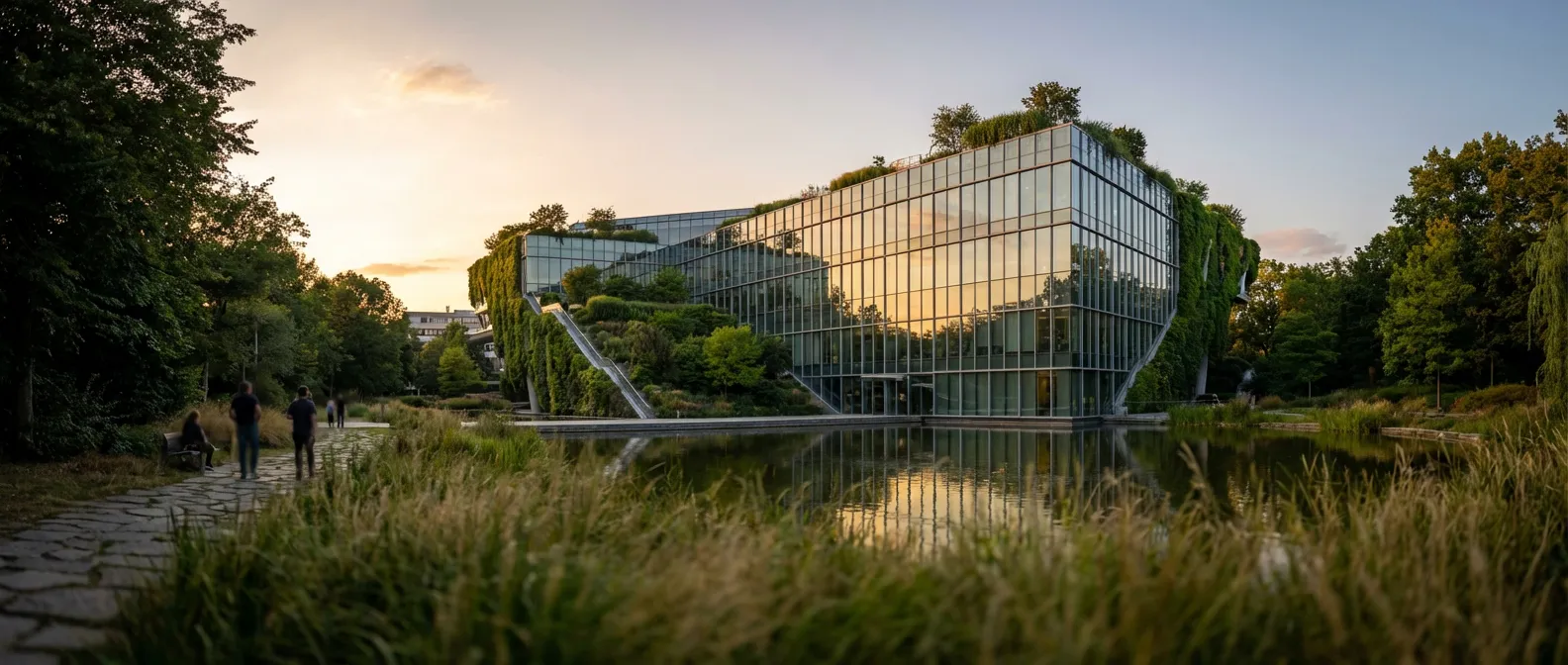 Architecture bancaire moderne et mutualisme Façade moderne d'une banque mutualiste avec jardins suspendus sous une lumière dorée, symbolisant la stabilité du Crédit Agricole.