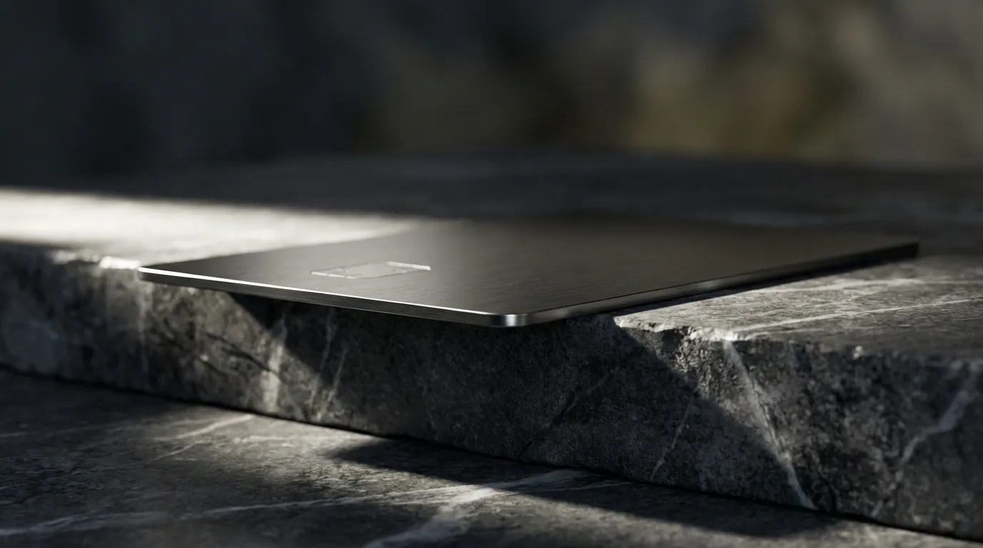 Gros plan iconique d'une carte bancaire premium sur marbre noir.